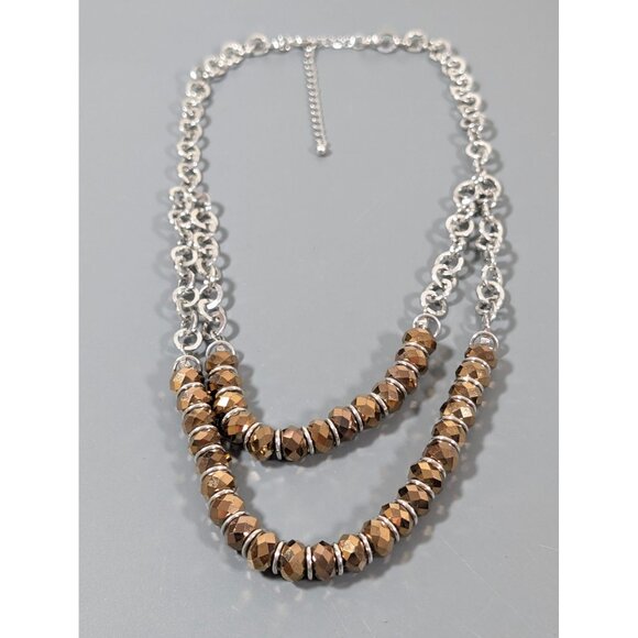 Bronze Tone Faceted Glass Bead Double Strand Round Chain Necklace 22" - Picture 2 of 7